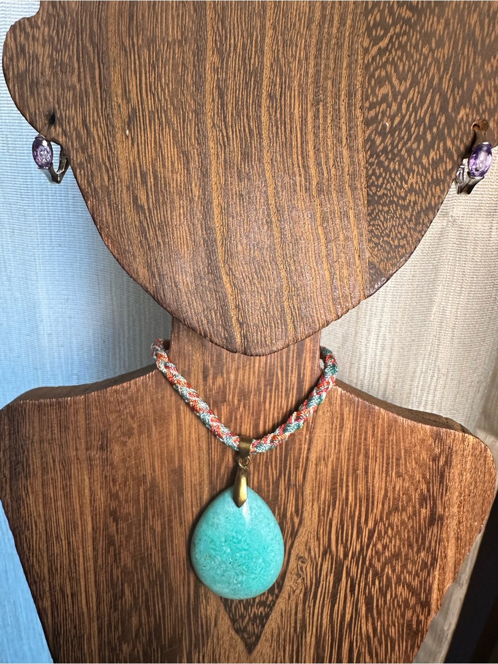 Handcrafted Green Coral Fossil Teardrop Pendant Necklace on Multicolor Rope - Picture 11 of 15